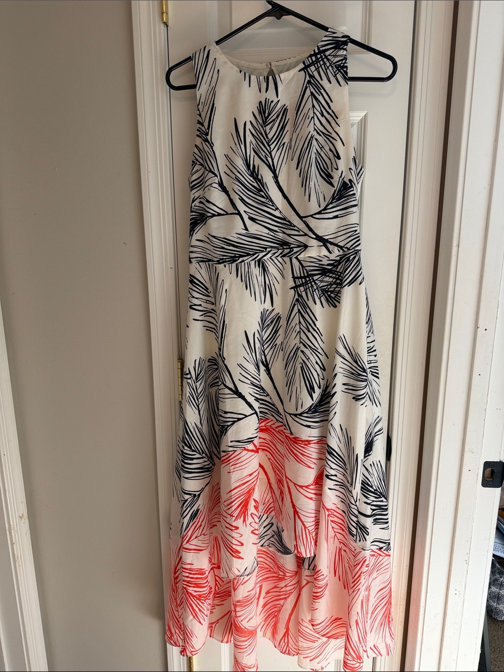 Vince Camuto Cream Dress with Black & Coral Leaf Motif - High-Low Hem